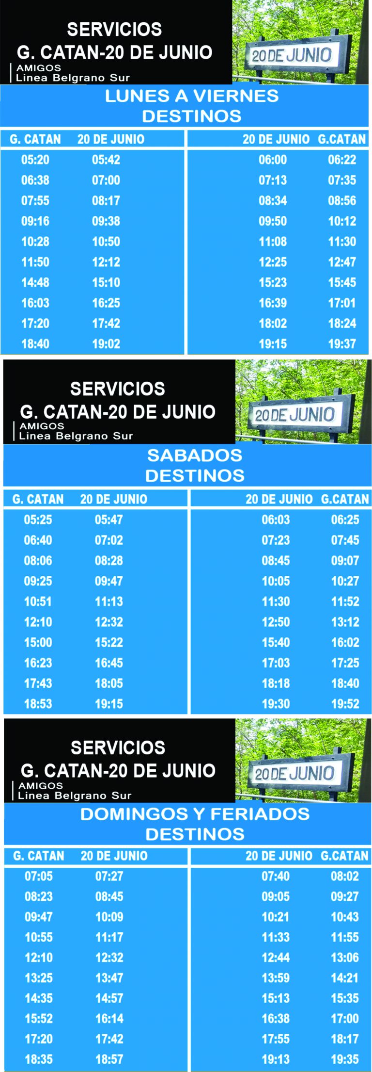 Horarios provisorios del Servicio adicional: Sáenz – (TAPIALES) Gonzalez Catan – 20 de Junio