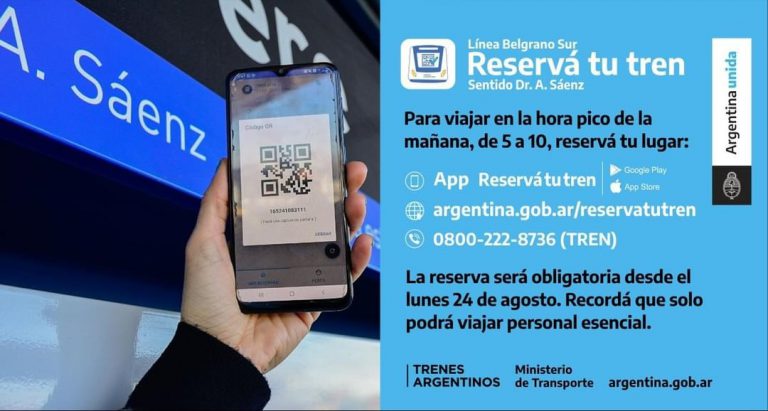 Línea Belgrano Sur:  Será obligatorio el uso de reserva de asiento para viajar