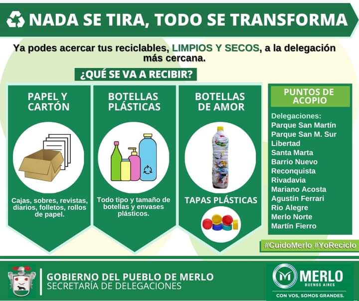 Las delegaciones de Merlo recibirán materiales reciclables
