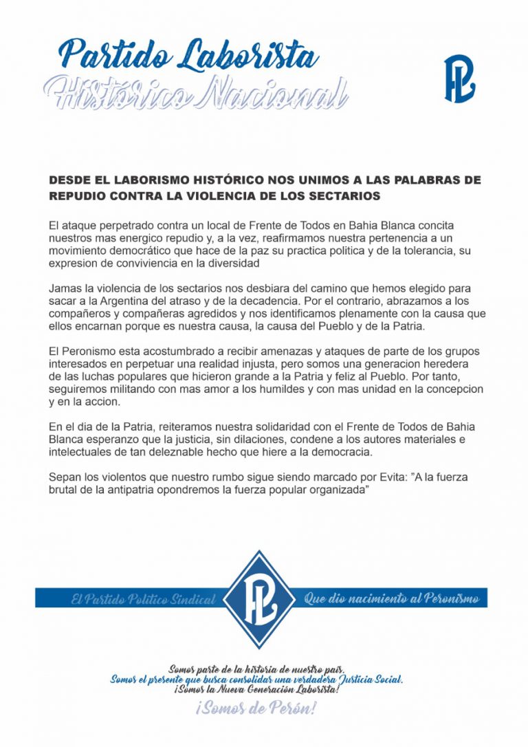 El Partido Laborista expresó su repudio al ataque sufrido por militantes en Bahía Blanca
