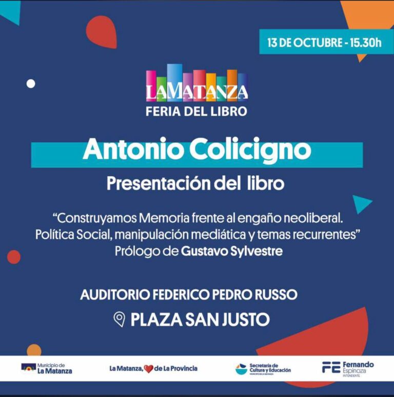 Antonio Colicigno presentará su último libro en la Feria Municipal del Libro de La Matanza