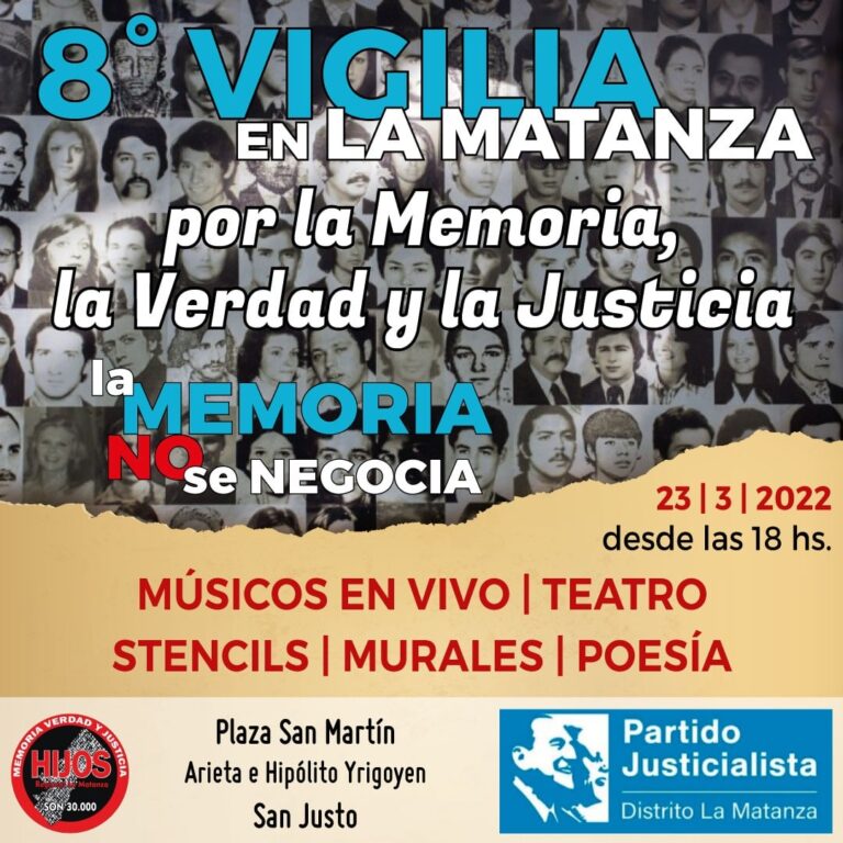 La Matanza: Organizan la 8va Vigilia por la Memoria, la Verdad y la Justicia