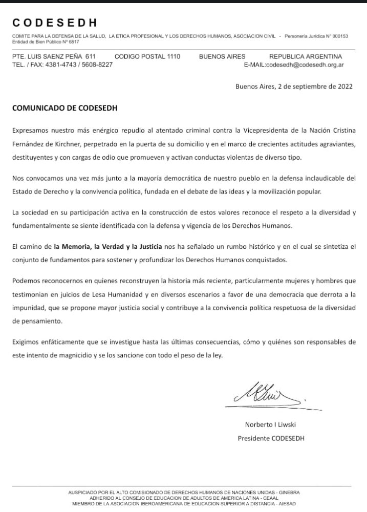 La CODESEDH repudió el atentado a CFK en un comunicado 