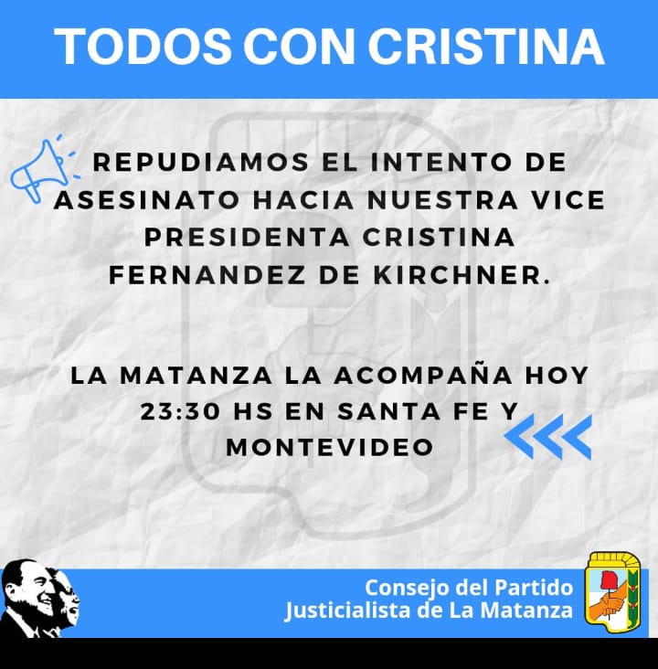 El PJ de La Matanza convocó a una movilización en apoyo a Cristina Kirchner 