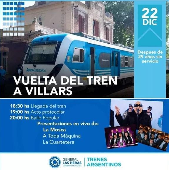 Jueves 22/12: Acto y festejo por el histórico regreso del tren a Villars 