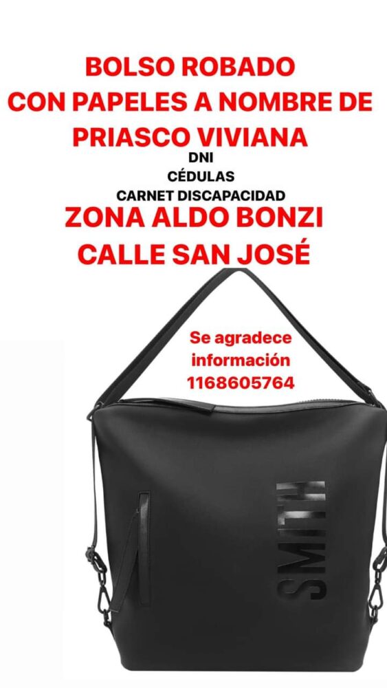 Aldo Bonzi: Se busca un bolso robado con importante documentación
